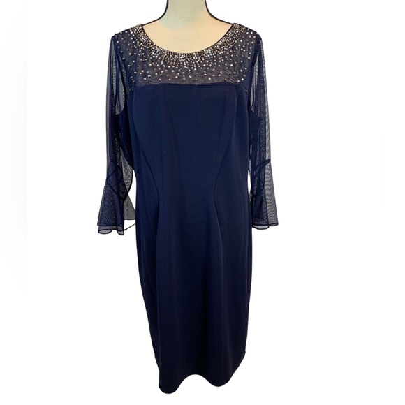Alex Evenings Beaded Neckline Sheer Long Sleeve Navy Blue Dress - size 18 - Picture 3 of 10